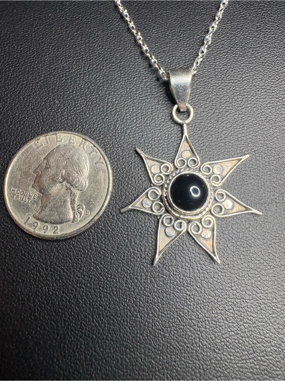 Pendant 925 Sterling Silver Starburst Genuine Black Onyx Center Stone - Picture 4 of 7